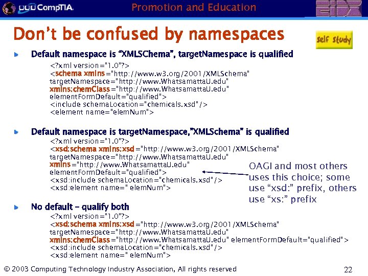 Promotion and Education Don’t be confused by namespaces Default namespace is “XMLSChema”, target. Namespace