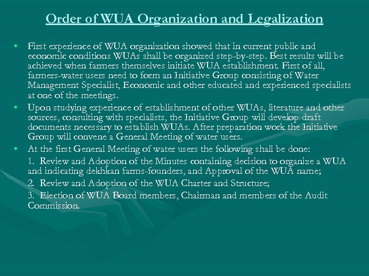 Order of WUA Organization and Legalization • First experience of WUA organization showed that