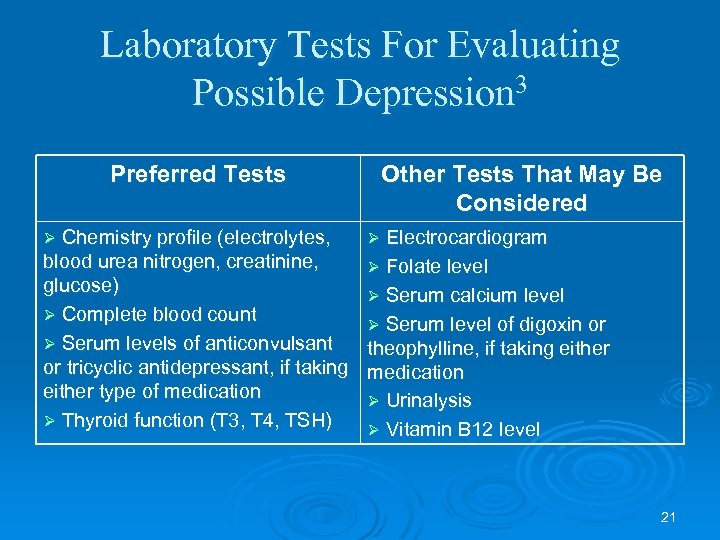 Laboratory Tests For Evaluating Possible Depression 3 Preferred Tests Other Tests That May Be