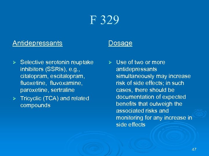 F 329 Antidepressants Dosage Selective serotonin reuptake inhibitors (SSRIs), e. g. , citalopram, escitalopram,