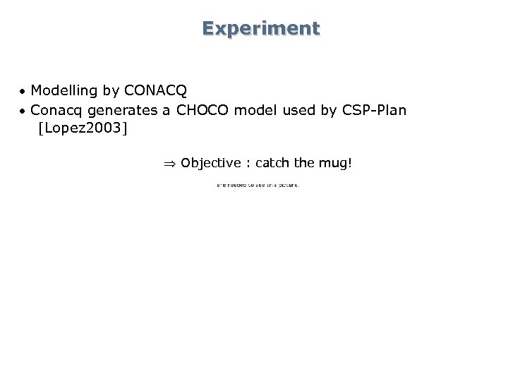 Experiment Modelling by CONACQ Conacq generates a CHOCO model used by CSP-Plan [Lopez 2003]