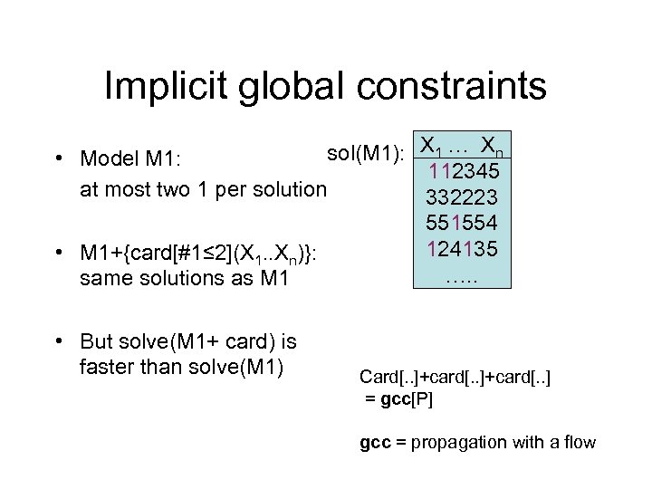 Implicit global constraints sol(M 1): X 1 … Xn • Model M 1: 112345