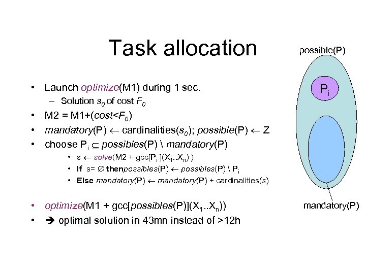 Task allocation • Launch optimize(M 1) during 1 sec. – Solution s 0 of