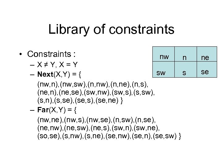 Library of constraints • Constraints : nw n – X ≠ Y, X =