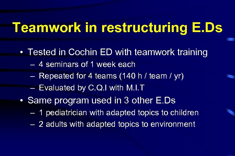 Teamwork in restructuring E. Ds • Tested in Cochin ED with teamwork training –