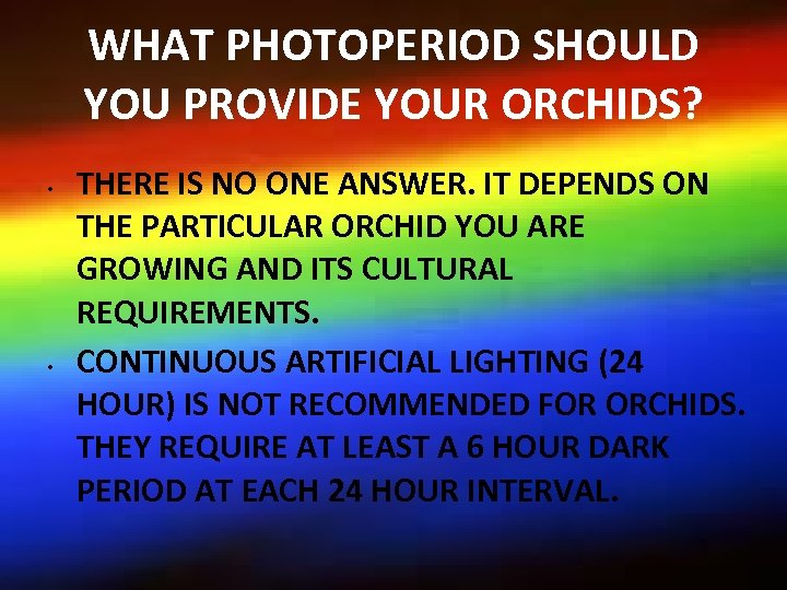 WHAT PHOTOPERIOD SHOULD YOU PROVIDE YOUR ORCHIDS? • • THERE IS NO ONE ANSWER.