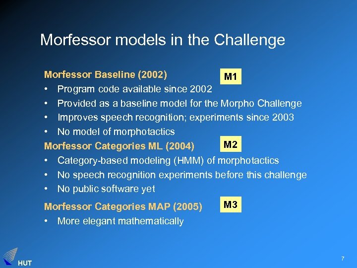 Morfessor models in the Challenge Morfessor Baseline (2002) M 1 • Program code available