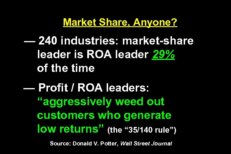 Market Share, Anyone? — 240 industries: market-share leader is ROA leader 29% of the