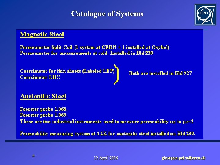 Catalogue of Systems 4 12 April 2006 giuseppe. peiro@cern. ch 