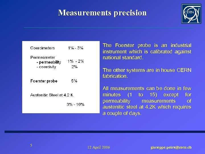 Measurements precision The Foerster probe is an industrial instrument which is calibrated against national