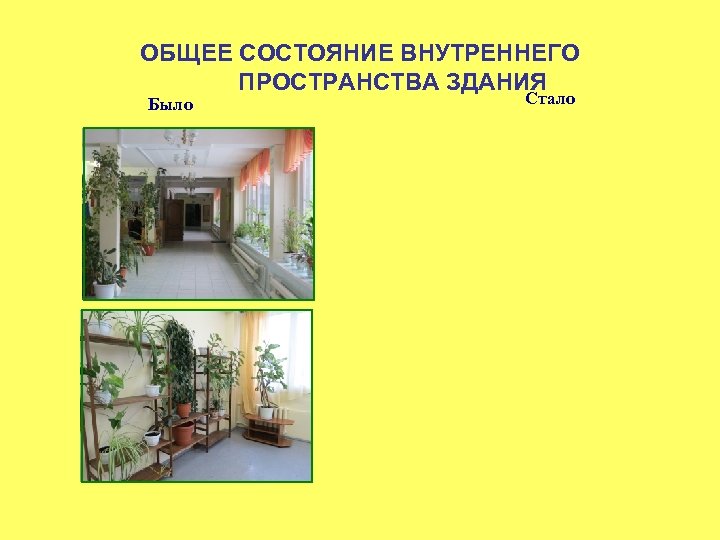 ОБЩЕЕ СОСТОЯНИЕ ВНУТРЕННЕГО ПРОСТРАНСТВА ЗДАНИЯ Было Стало 