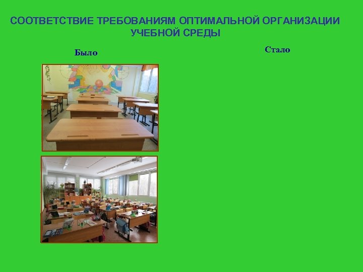 СООТВЕТСТВИЕ ТРЕБОВАНИЯМ ОПТИМАЛЬНОЙ ОРГАНИЗАЦИИ УЧЕБНОЙ СРЕДЫ Было Стало 