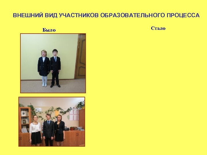 ВНЕШНИЙ ВИД УЧАСТНИКОВ ОБРАЗОВАТЕЛЬНОГО ПРОЦЕССА Было Стало 