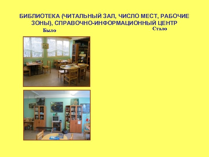 БИБЛИОТЕКА (ЧИТАЛЬНЫЙ ЗАЛ, ЧИСЛО МЕСТ, РАБОЧИЕ ЗОНЫ), СПРАВОЧНО-ИНФОРМАЦИОННЫЙ ЦЕНТР Было Стало 