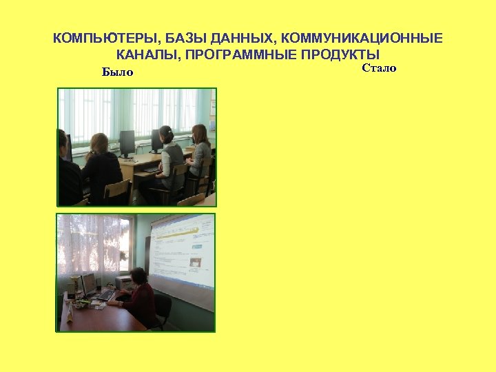 КОМПЬЮТЕРЫ, БАЗЫ ДАННЫХ, КОММУНИКАЦИОННЫЕ КАНАЛЫ, ПРОГРАММНЫЕ ПРОДУКТЫ Было Стало 