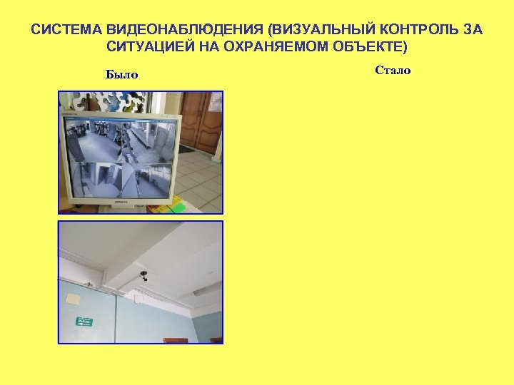 СИСТЕМА ВИДЕОНАБЛЮДЕНИЯ (ВИЗУАЛЬНЫЙ КОНТРОЛЬ ЗА СИТУАЦИЕЙ НА ОХРАНЯЕМОМ ОБЪЕКТЕ) Было Стало 