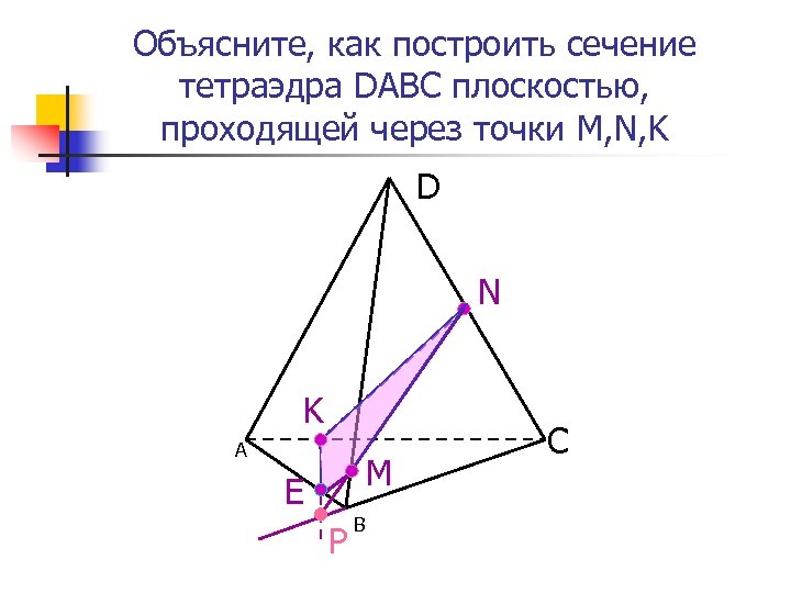 Объясните, как построить сечение тетраэдра DABC плоскостью, проходящей через точки M, N, K D