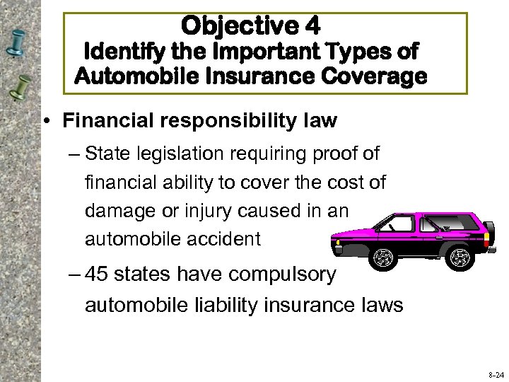 Objective 4 Identify the Important Types of Automobile Insurance Coverage • Financial responsibility law
