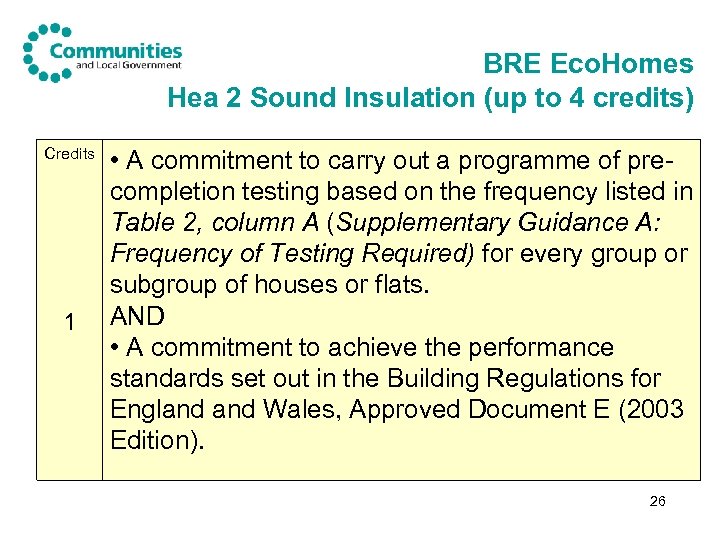 BRE Eco. Homes Hea 2 Sound Insulation (up to 4 credits) Credits 1 •