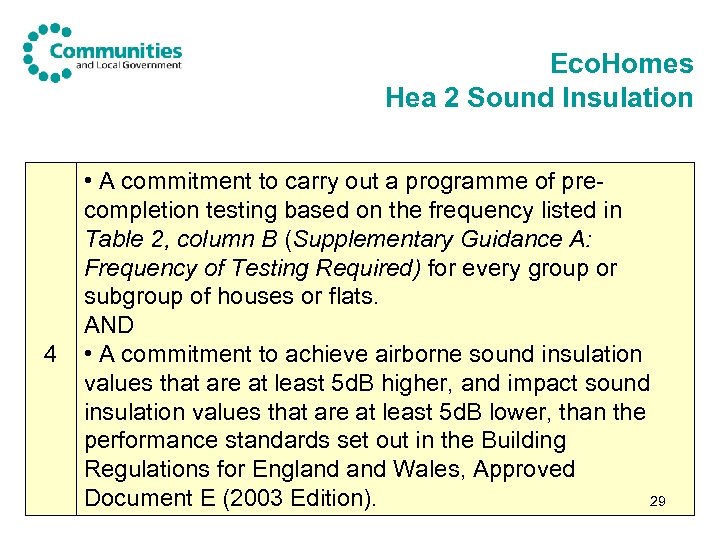 Eco. Homes Hea 2 Sound Insulation 4 • A commitment to carry out a