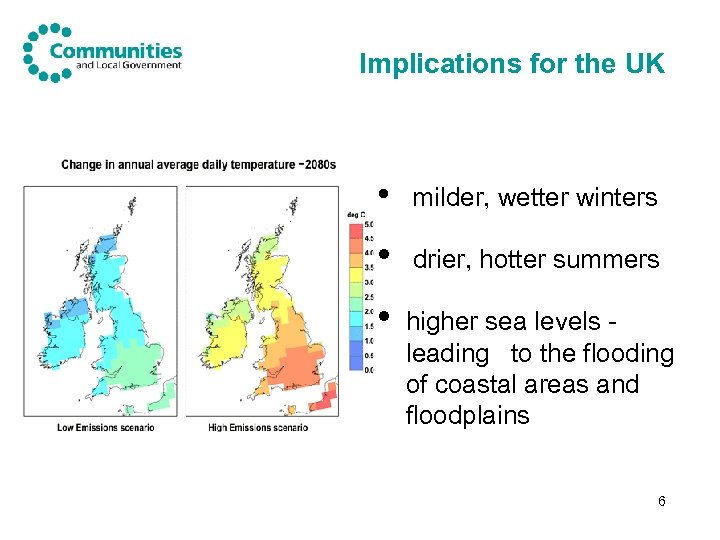 Implications for the UK • milder, wetter winters • drier, hotter summers • higher