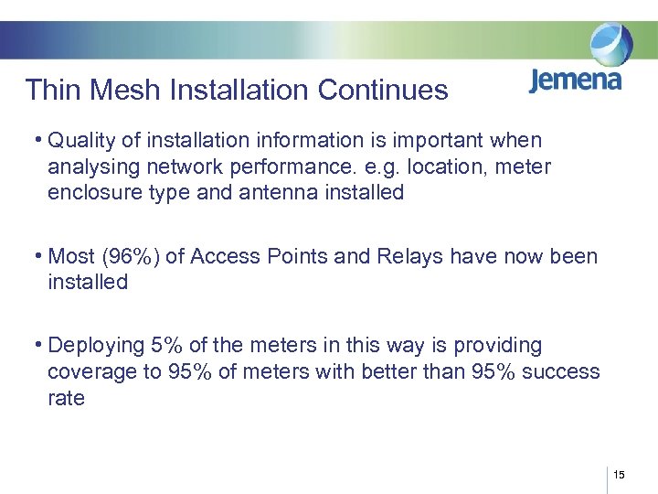 Thin Mesh Installation Continues • Quality of installation information is important when analysing network