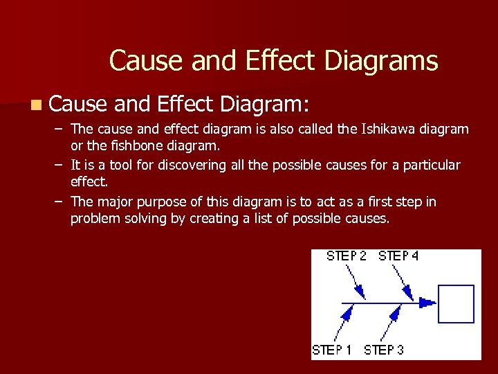 Cause and Effect Diagrams n Cause and Effect Diagram: – The cause and effect