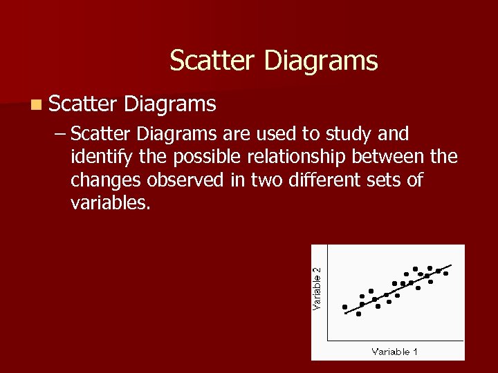 Scatter Diagrams n Scatter Diagrams – Scatter Diagrams are used to study and identify