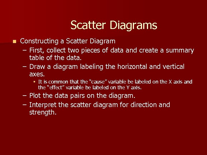 Scatter Diagrams n Constructing a Scatter Diagram – First, collect two pieces of data