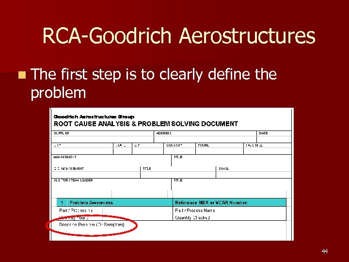 RCA-Goodrich Aerostructures n The first step is to clearly define the problem 44 