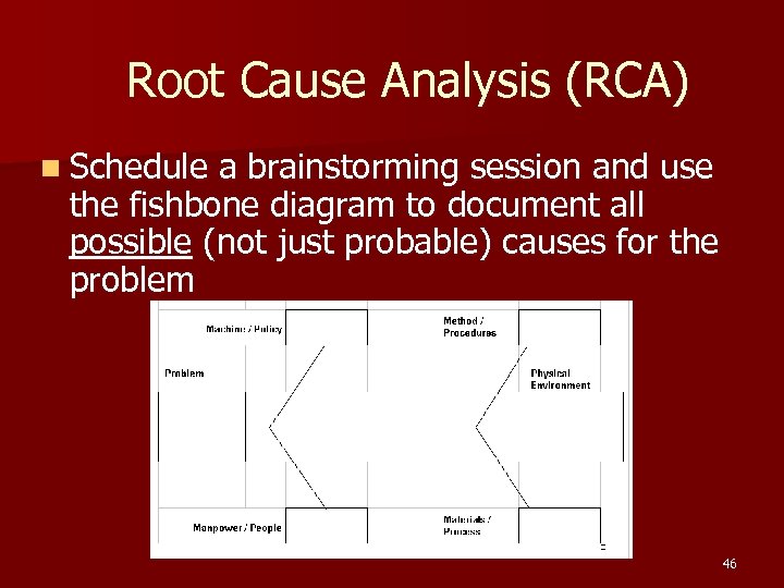 Root Cause Analysis (RCA) n Schedule a brainstorming session and use the fishbone diagram