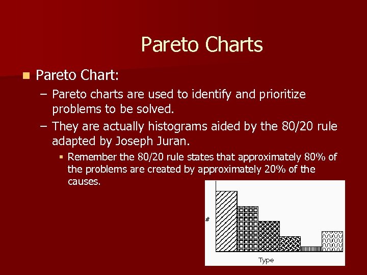 Pareto Charts n Pareto Chart: – Pareto charts are used to identify and prioritize