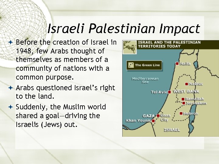 Israeli Palestinian Impact Before the creation of Israel in 1948, few Arabs thought of