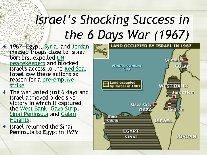 Israel’s Shocking Success in the 6 Days War (1967) 1967 --Egypt, Syria, and Jordan