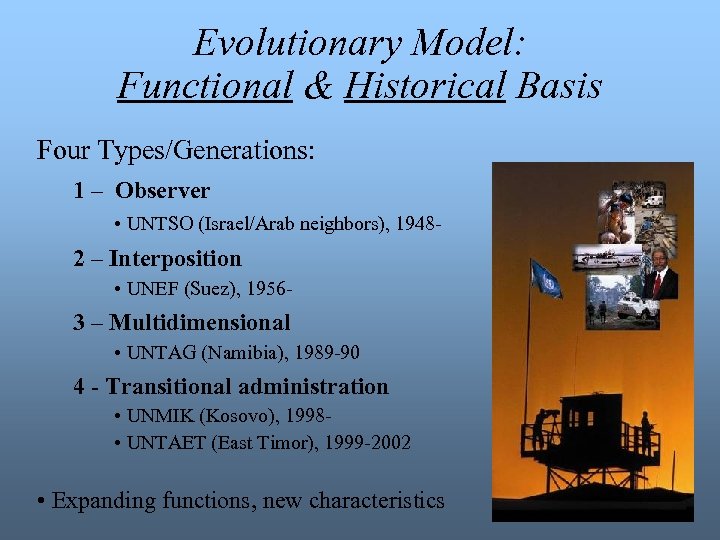 Evolutionary Model: Functional & Historical Basis Four Types/Generations: 1 – Observer • UNTSO (Israel/Arab