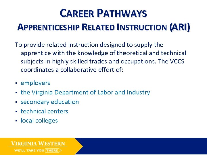 CAREER PATHWAYS APPRENTICESHIP RELATED INSTRUCTION (ARI) To provide related instruction designed to supply the