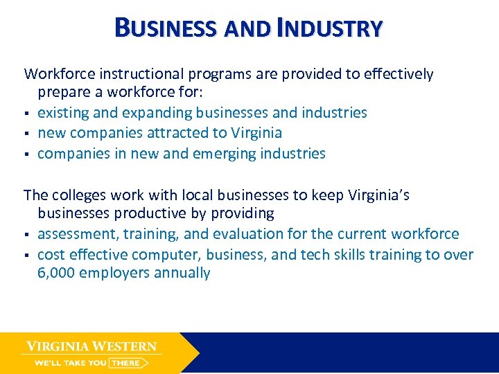 BUSINESS AND INDUSTRY Workforce instructional programs are provided to effectively prepare a workforce for: