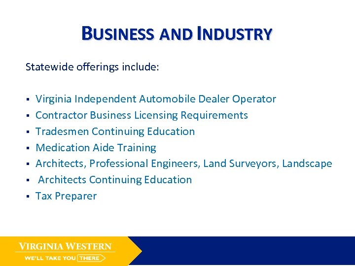 BUSINESS AND INDUSTRY Statewide offerings include: § § § § Virginia Independent Automobile Dealer