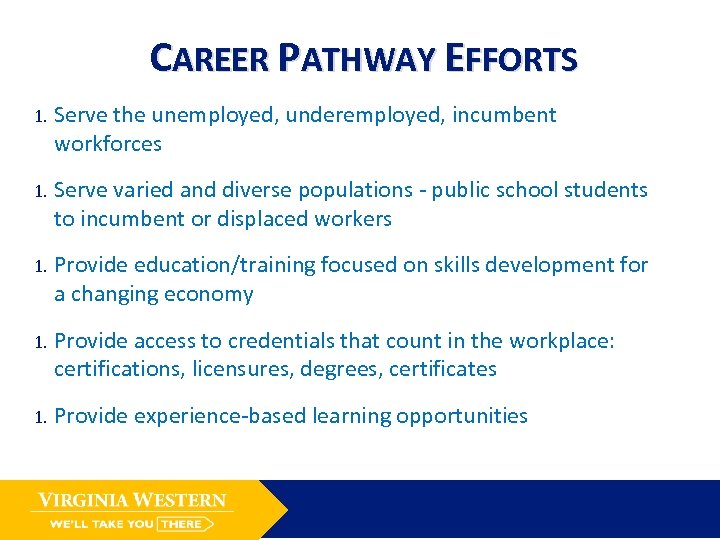 CAREER PATHWAY EFFORTS 1. Serve the unemployed, underemployed, incumbent workforces 1. Serve varied and