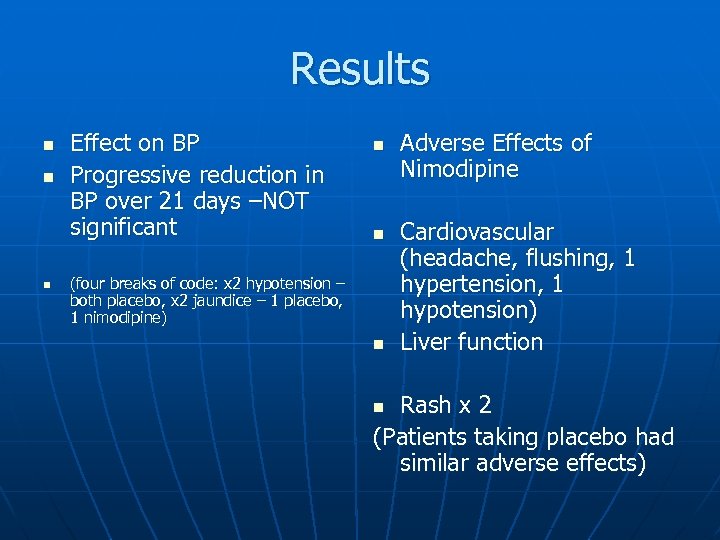 Results n n n Effect on BP Progressive reduction in BP over 21 days