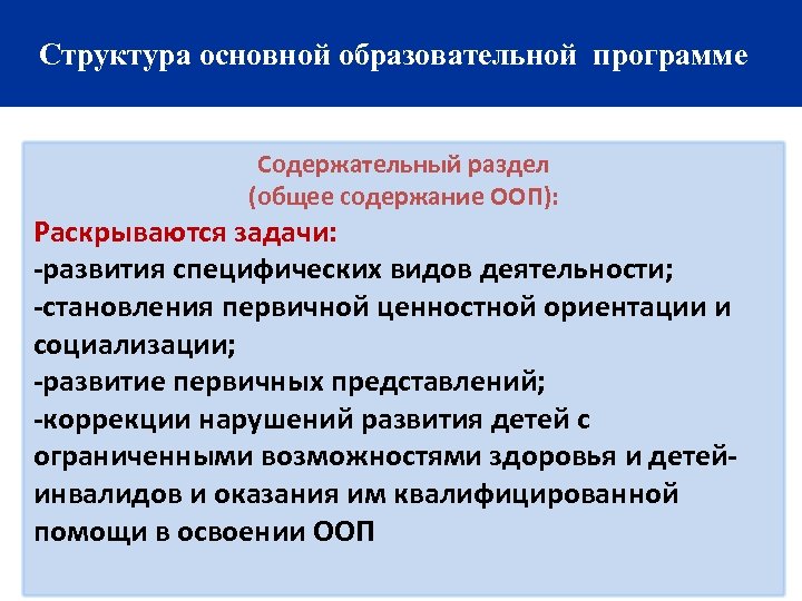 Структура основной образовательной программе Содержательный раздел (общее содержание ООП): Раскрываются задачи: -развития специфических видов