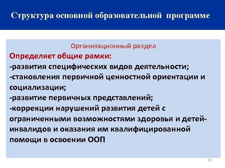 Структура основной образовательной программе Организационный раздел Определяет общие рамки: -развития специфических видов деятельности; -становления
