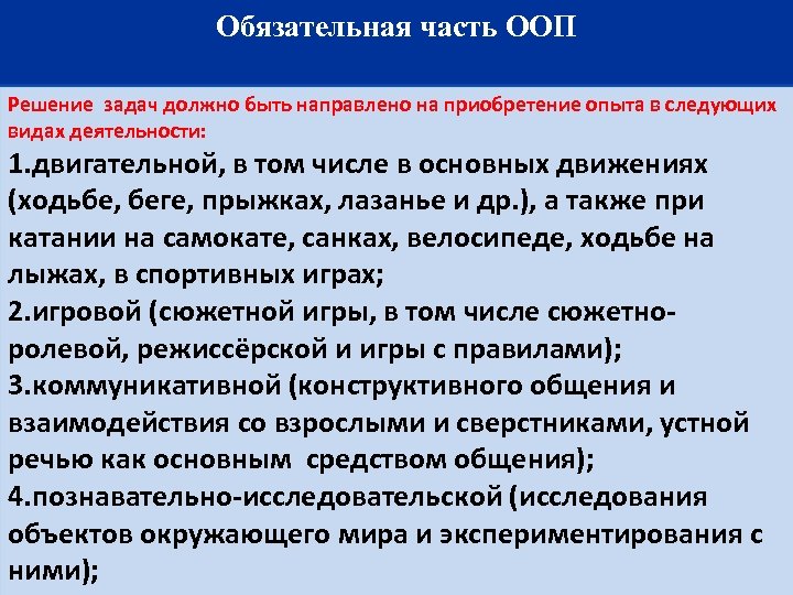 Обязательная часть ООП Решение задач должно быть направлено на приобретение опыта в следующих видах
