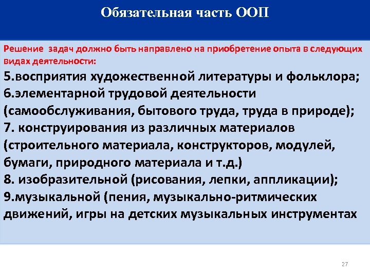 Обязательная часть ООП Решение задач должно быть направлено на приобретение опыта в следующих видах