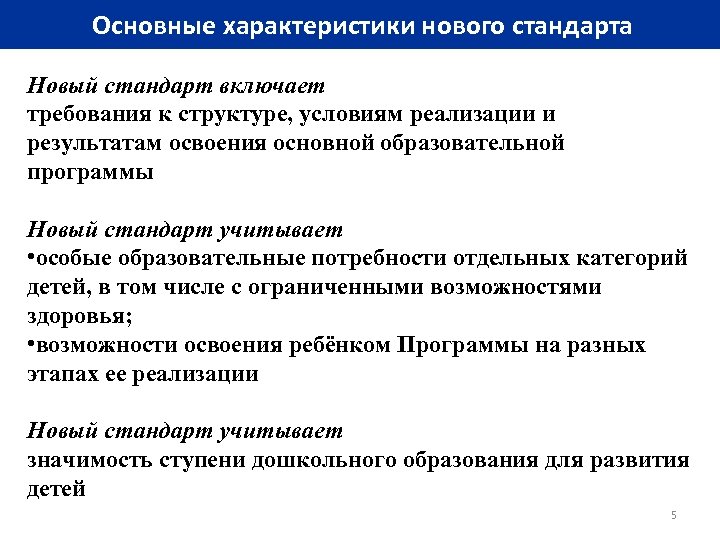 Основные характеристики нового стандарта Новый стандарт включает требования к структуре, условиям реализации и результатам