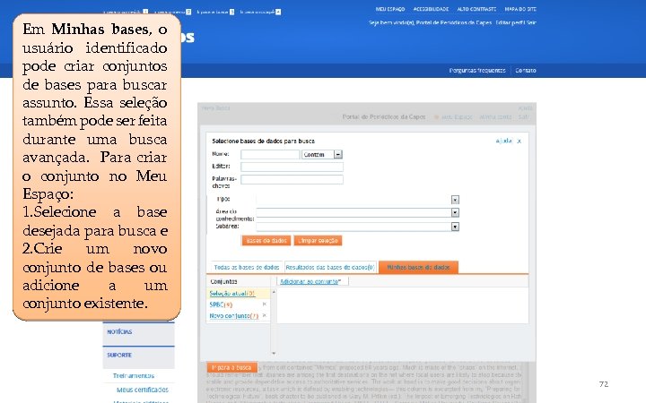 Em Minhas bases, o usuário identificado pode criar conjuntos de bases para buscar assunto.