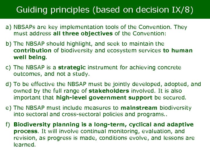 Guiding principles (based on decision IX/8) a) NBSAPs are key implementation tools of the