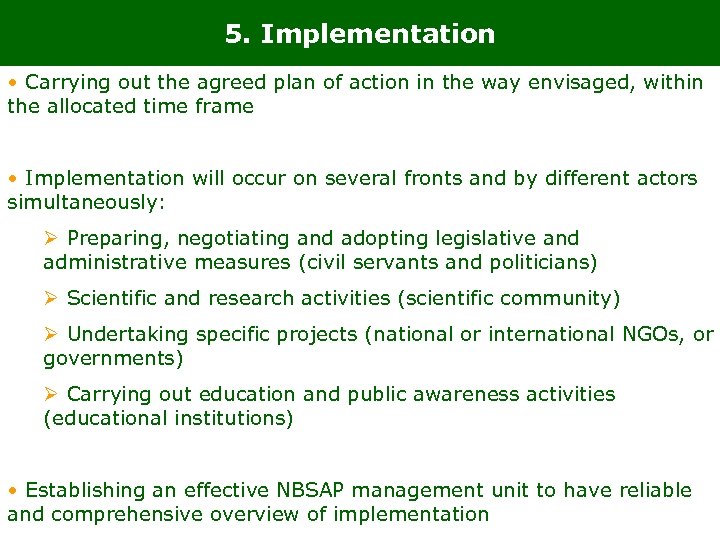 5. Implementation • Carrying out the agreed plan of action in the way envisaged,