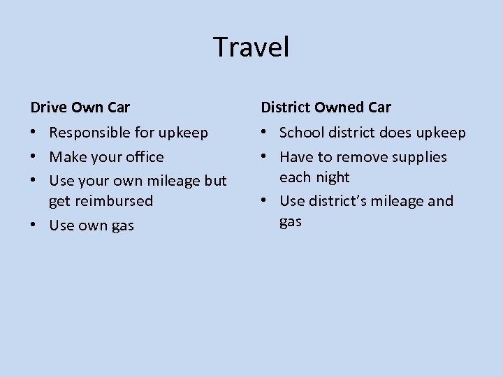 Travel Drive Own Car District Owned Car • Responsible for upkeep • Make your