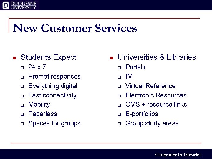 New Customer Services n Students Expect q q q q 24 x 7 Prompt